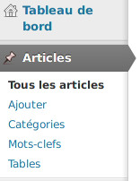 Nouvelle entrée nommée Tables dans le menu Articles de WordPress Le plugin ajoute une nouvelle entrée nommée "Tables" au sein du menu dénommé "Articles" de WordPress.